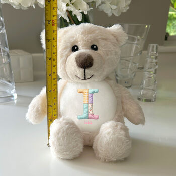 Personalised Patchwork Alphabet Cream New Baby Teddy Bear, 2 of 7