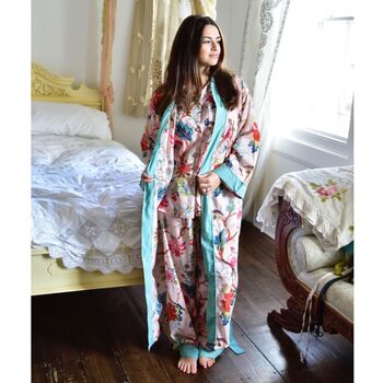 Ladies Pink Exotic Flower Print Cotton Dressing Gown, 2 of 4