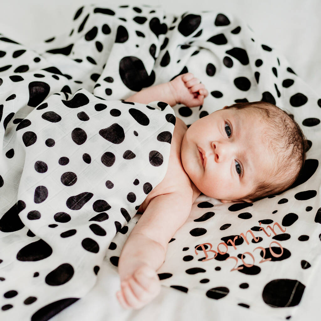 Personalised Xl Dalmatian Print Baby Gift Muslin, 1 of 9