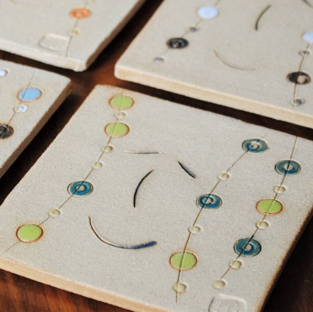 Smiley Face Ceramic Coasters Dots And Lines By IGstudio Ceramics
