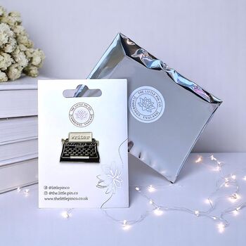 Black Vintage Typewriter Writer's Enamel Lapel Pin Badge, Gift For Writers And Bloggers, 6 of 9