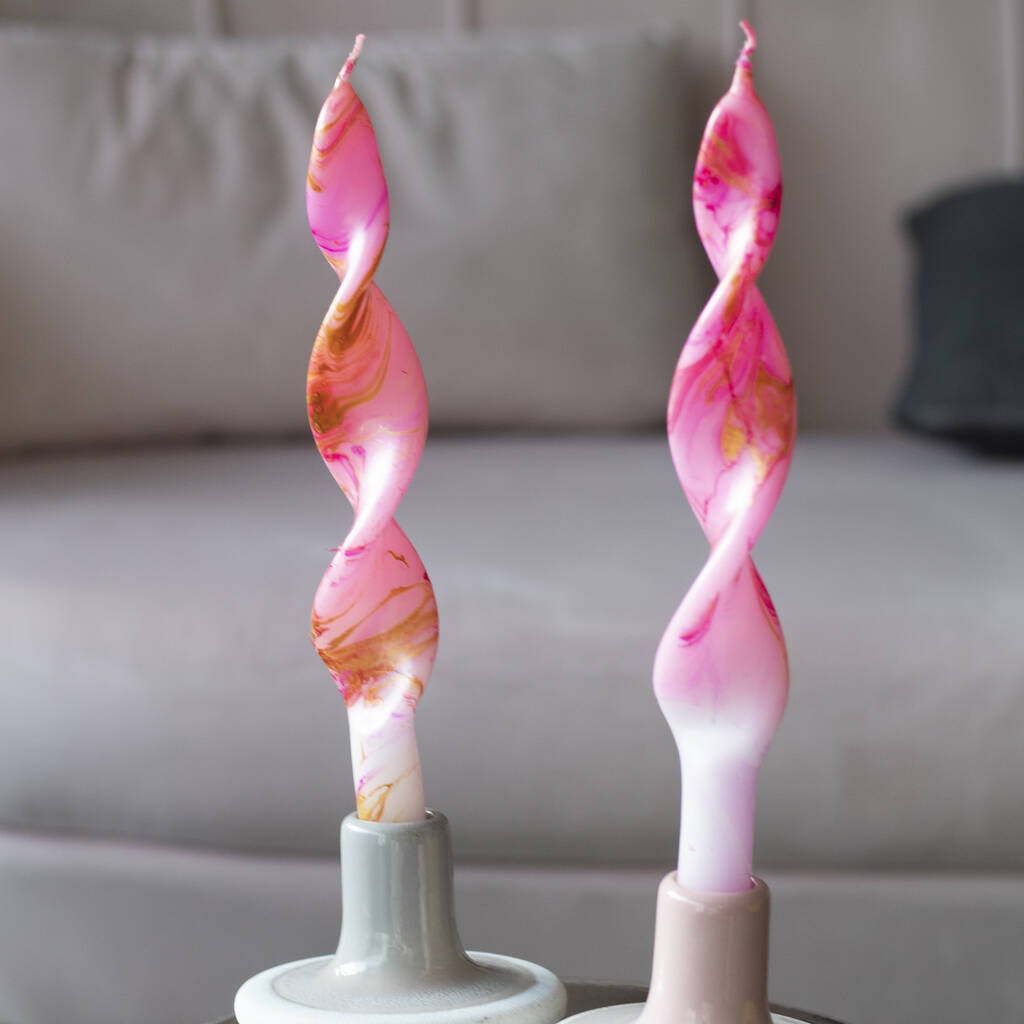 Dip Dye Marble Pink And Gold Curly Dinner Candles, 1 of 3