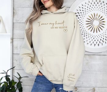 Personalised I Wear My Heart On My Sleeve Unisex Hoodie With Names On Sleeve, 3 of 5