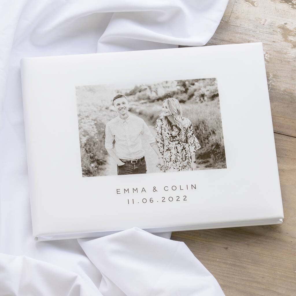 Wedding Couple Photo White Leather Guest Book, 1 of 6