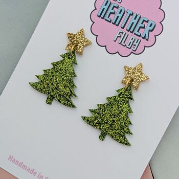 Green Glitter Christmas Tree And Gold Star Earrings, 2 of 3