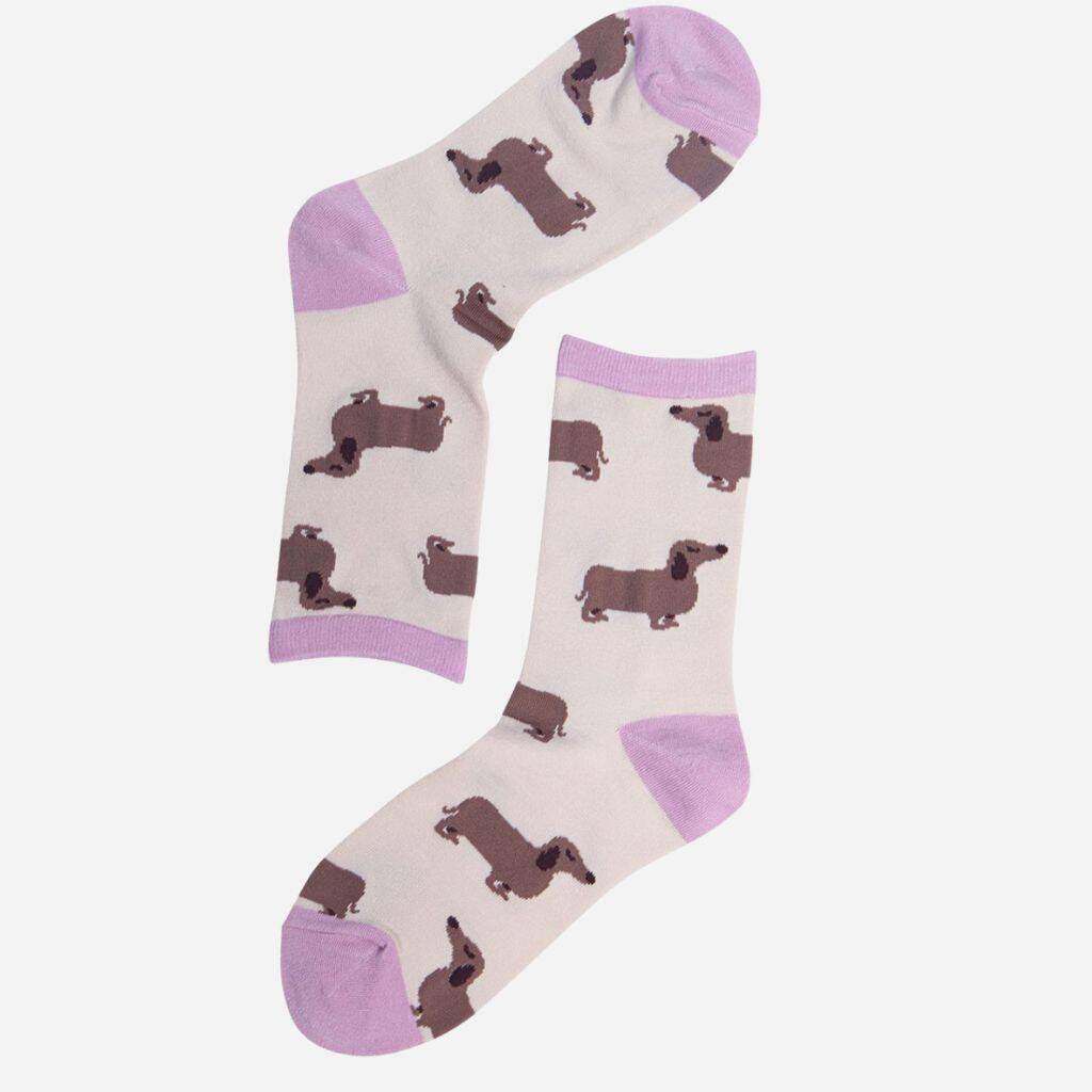 Women's Bamboo Socks Cream Pink Sausage Dogs By Sock Talk