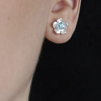 March Birthstone Aquamarine Cz Silver Stud Earrings, 2 of 3