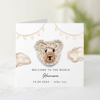 Personalised Clouds Crochet Bear New Baby Card, 4 of 7