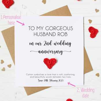 Personalised 2nd Wedding Anniversary Card For Husband Or Wife, 2 of 6
