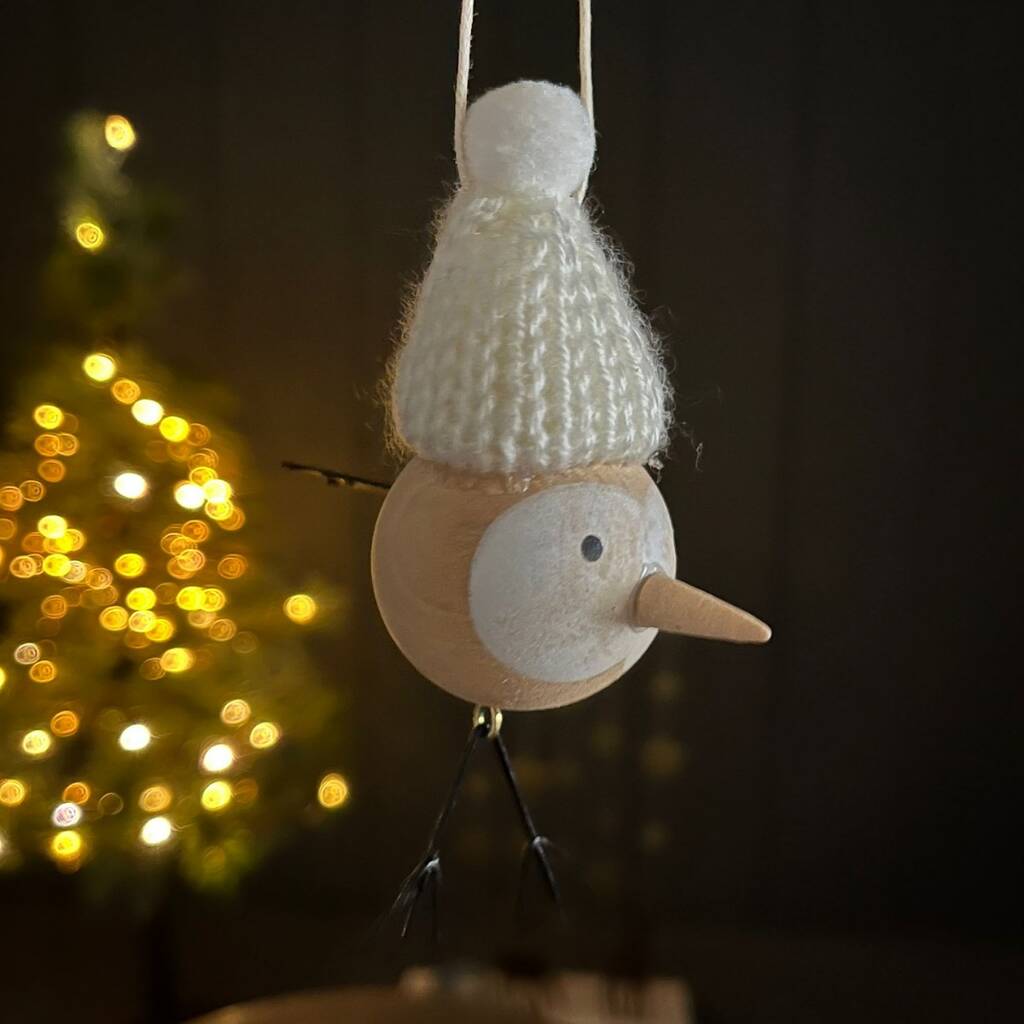 Wooden Bird In White Pompom Hat Hanging Decoration, 1 of 2