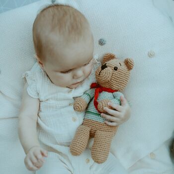 Crochet Baby Soft Toy Teddy Bear Rattle Teal, 2 of 3