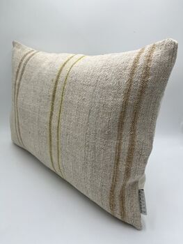 Oblong, Natural, Hemp, Neutral, Woven, Grain Sack, Striped Cushion With Cotton Reverse Trio Of Ochre And Brown Stripes Ochre Middle, 2 of 5