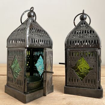 Silver Moroccan Style Lantern Green And Blue Glass, 8 of 11