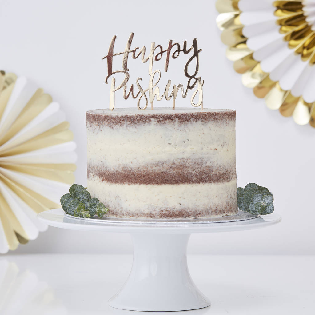 Gold Foil Happy Pushing Baby Shower Cake Topper, 1 of 3