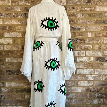 Long Organic Cotton Robe: White With Green Eye, 3 of 5
