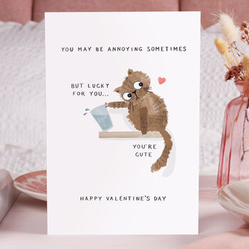 Funny Cute Cat Knocking Glass Over Valentine Card, 2 of 5