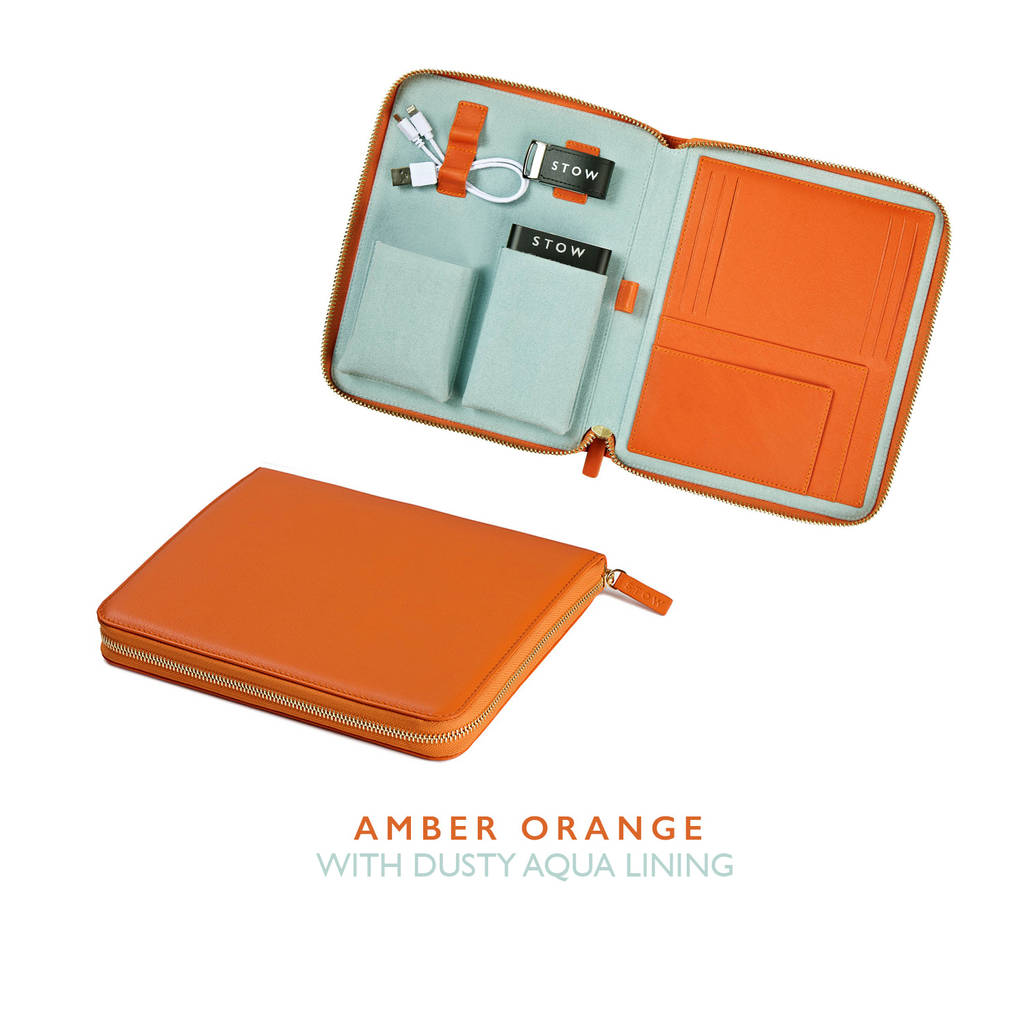 personalised luxury leather travel tech case for him by stow