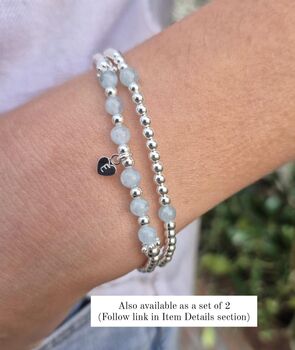Sterling Silver March Aquamarine Beaded Bracelet: March Birthstone, Personalised Heart Charm, 4 of 4