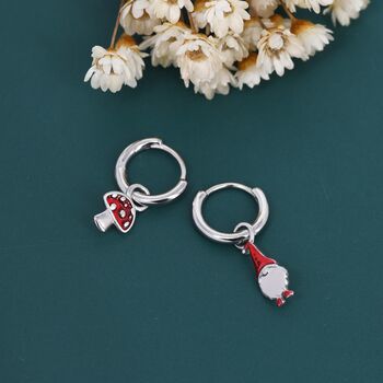 Mismatched Gnome And Mushroom Huggie Hoop Earrings In Sterling Silver, 7 of 12