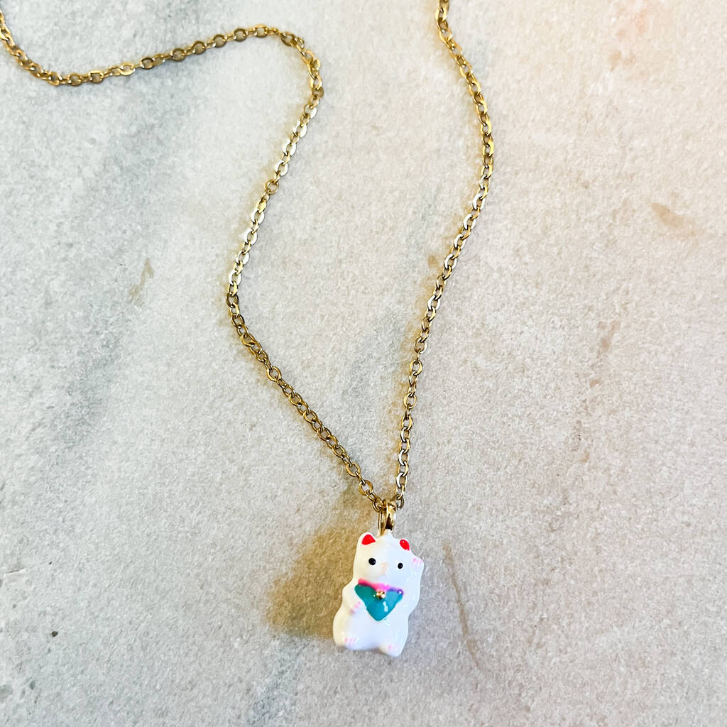Good Luck Maneki Neko Cat Charm Necklace, 1 of 2
