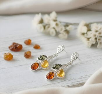 Sterling Silver And Multicolour Amber Leaf Earrings, 2 of 3