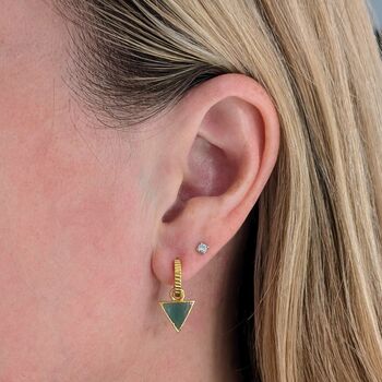 'The Triangle' Green Onyx Hoop Gold Plated Earrings, 3 of 6