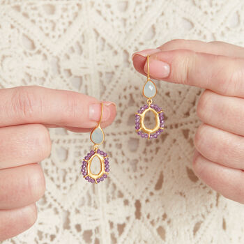 Aquamarine Gemstone Amethyst Beaded Drop Earrings, 4 of 7