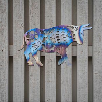 Floral Bull Metal Garden Art, Outdoor Wall Decor For Garden Or Patio, 4 of 12