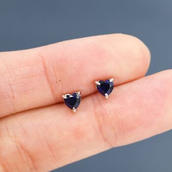 Extra Dark Sapphire Blue Corundum Heart Stud Earrings, 4 of 11