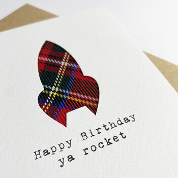 Funny Scottish Birthday Card With Real Tartan Rocket, 3 of 5