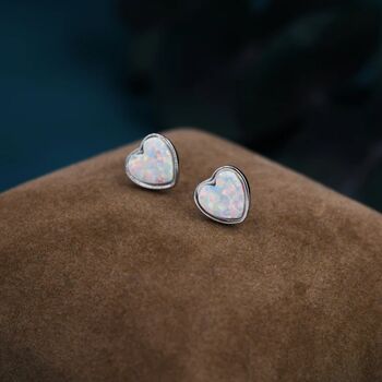 White Opal Heart Stud Earrings In Sterling Silver, 7 of 11