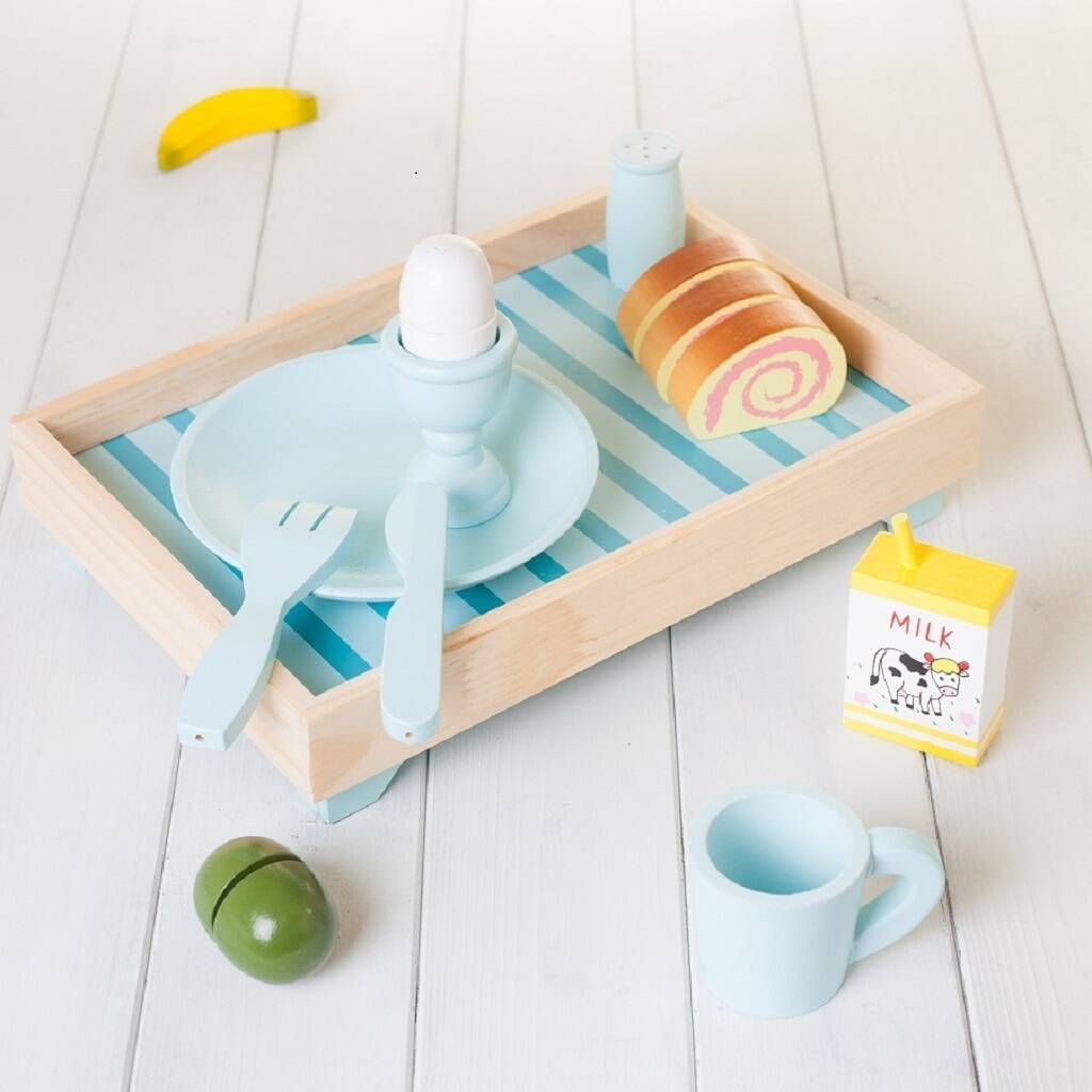 Pale Blue Wooden Breakfast Tray Toy By British and Bespoke