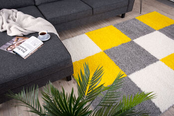 The Rugs Geometric Shaggy Rug Yellow Checkered Rug, 3 of 12