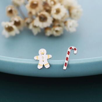 Sterling Silver Gingerbread Man And Candy Cane Stud Earrings, 6 of 11