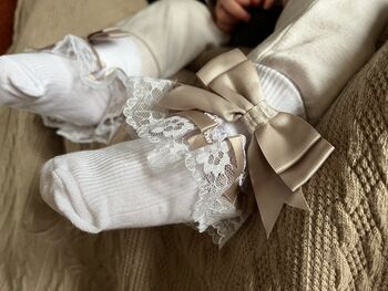 Taupe Ribbon And White Lace Baby Socks, 5 of 6
