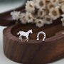 Tiny Mismatched Horse And Horseshoe Stud Earrings In Sterling Silver, thumbnail 1 of 8
