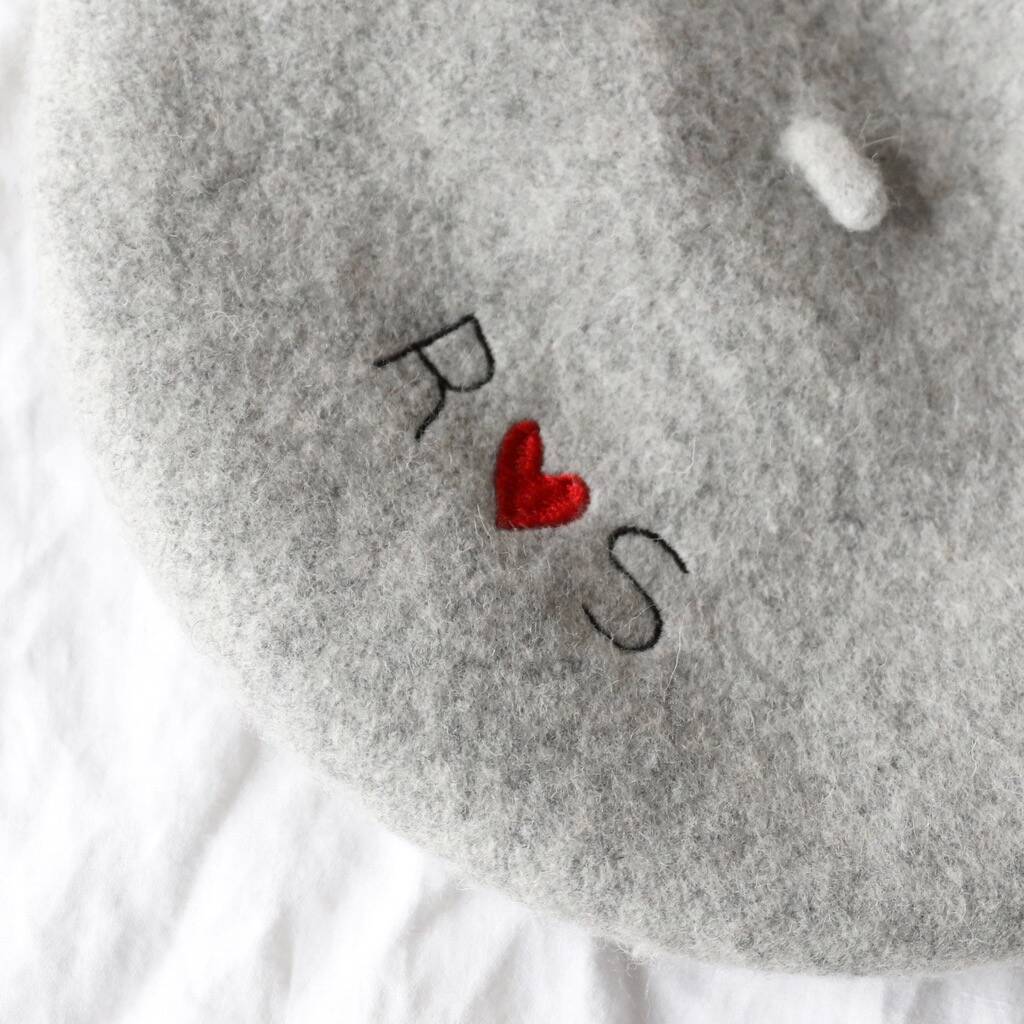 Personalised Embroidered Heart And Initials Grey Beret By Lisa Angel