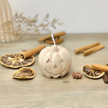 Autumn Beige Carved Pumpkin Candle Halloween Decor, 5 of 10