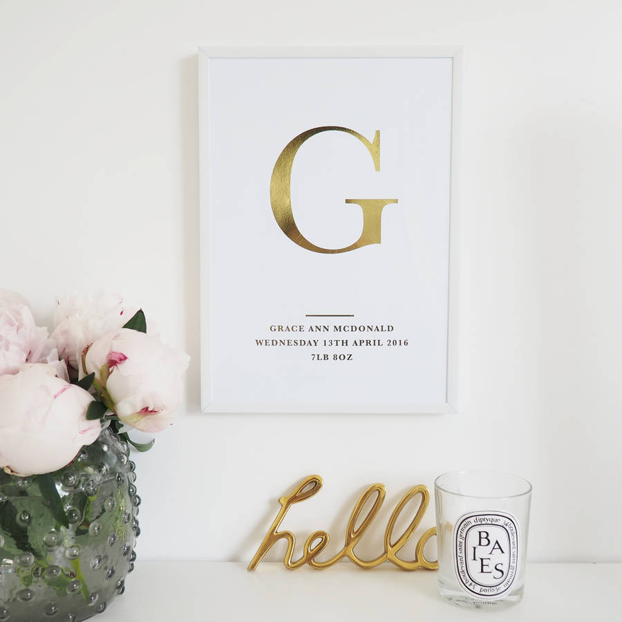 Personalised Baby Initial Wall Art Foil Print By Lily Rose Co