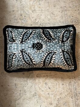 Modern, Oblong, Velvet, Ikat, Cushion With Black Silk Tassels Blue, Black And White Feather Design, 6 of 6