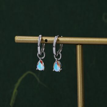 Sterling Silver Aurora Ab Cz Droplet Hoop Earrings, 5 of 10