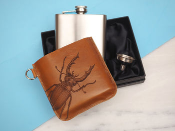 Personalised Leather Hip Flask With Stag Beetle, 3 of 8