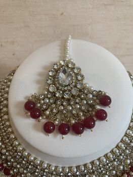 Indian Kundan Silver Maroon Pearl Mala Set, 6 of 9