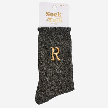 Women's Glitter Socks Black Gold Initial 'R', 5 of 5