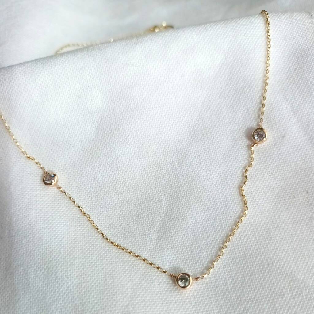Three Diamond Station Necklace In Solid Gold, 1 of 5