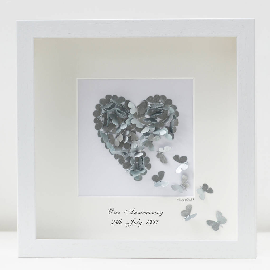 Framed 3D Silver Wedding Anniversary Butterfly Heart, 1 of 9
