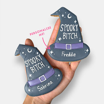 Personalised Spooky Bitch Witch Hat Halloween Letterbox Iced Cookie, 2 of 11