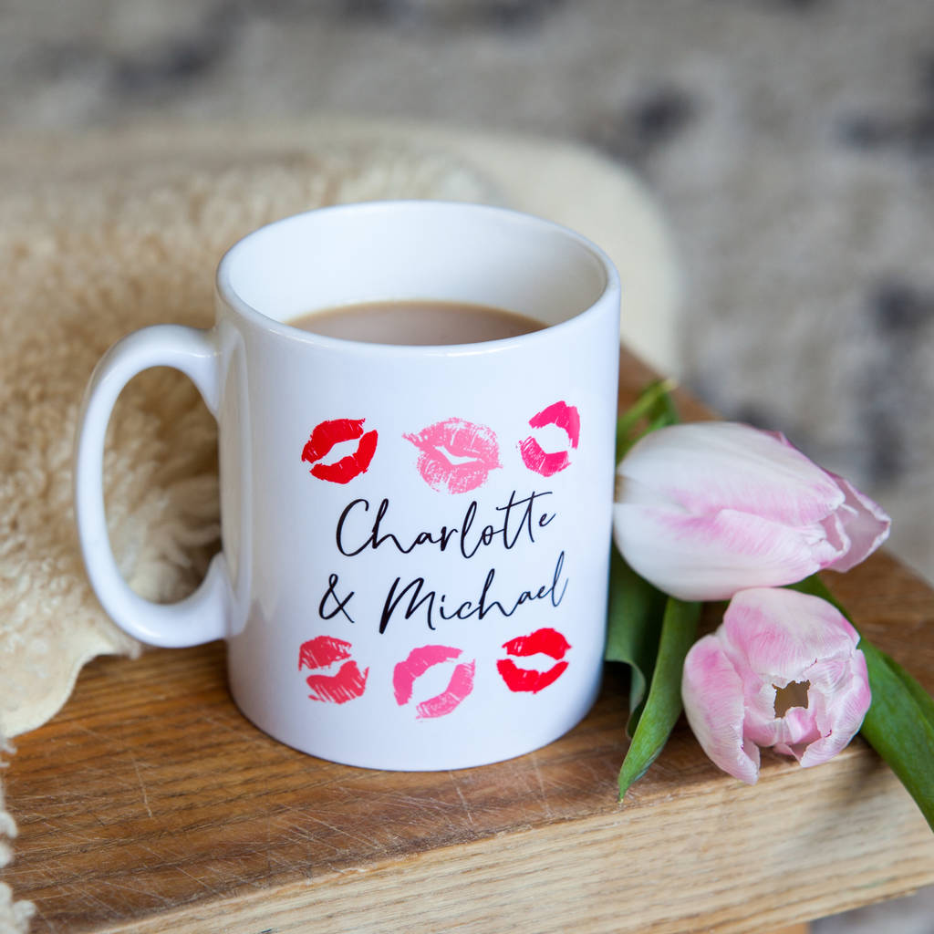 personalised mug with lipstick kisses by little cherub design
