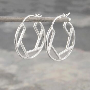 Round Geometric Sterling Silver Hoop Earrings, 3 of 7