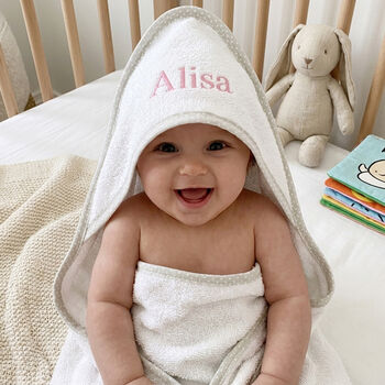 Personalised White Hooded Baby Towel With Grey Trim, 2 of 11